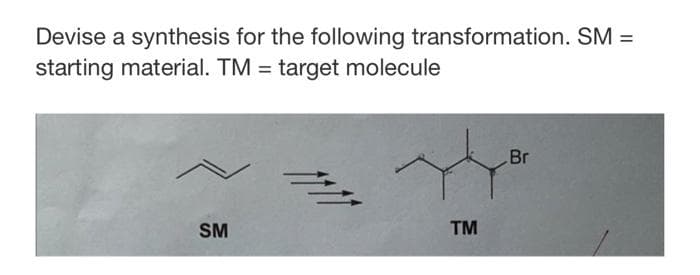 Devise a synthesis for the following transformation. SM =
starting material. TM = target molecule
Br
#
SM
TM
