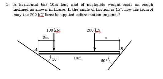 3. A horizontal bar 10m long and of negligible weight rests on rough
inclined as shown in figure. If the angle of friction is 15°, how far from A
may the 200 kN force be applied before motion impends?
100 kN.
200 kN.
2m
B.
30°
10m
60°
