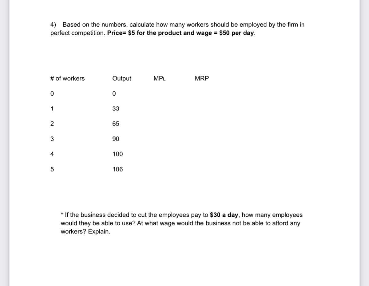 4) Based on the numbers, calculate how many workers should be employed by the firm in
perfect competition. Price= $5 for the product and wage = $50 per day.
# of workers
Output
MPL
MRP
1
33
2
65
3
90
4
100
106
* If the business decided to cut the employees pay to $30 a day, how many employees
would they be able to use? At what wage would the business not be able to afford any
workers? Explain.
