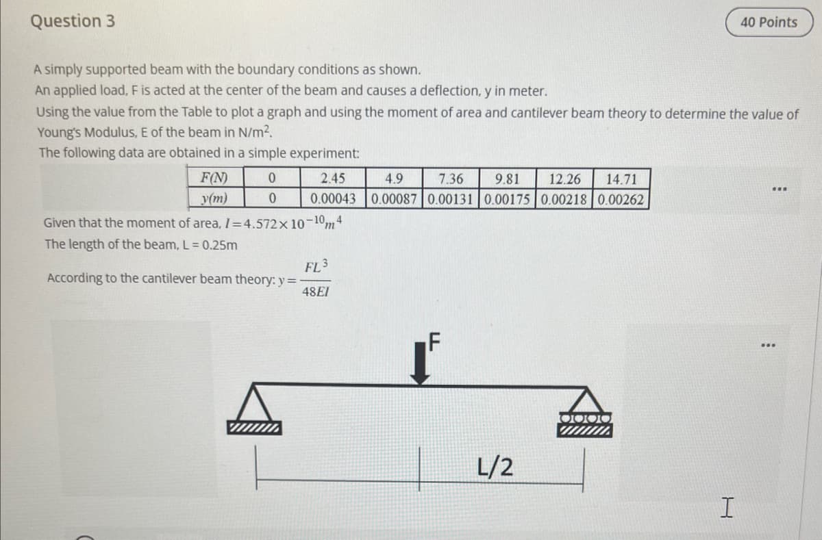Question 3
A simply supported beam with the boundary conditions as shown.
An applied load, F is acted at the center of the beam and causes a deflection, y in meter.
Using the value from the Table to plot a graph and using the moment of area and cantilever beam theory to determine the value of
Young's Modulus, E of the beam in N/m².
The following data are obtained in a simple experiment:
F(N)
y(m)
0
0
2.45
0.00043
Given that the moment of area, I=4.572x 10-10m4
The length of the beam, L = 0.25m
FL3
According to the cantilever beam theory: y = -
48EI
14.71
4.9 7.36 9.81 12.26
0.00087 0.00131 0.00175 0.00218 0.00262
F
L/2
40 Points
I
www