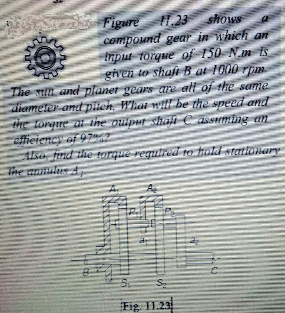 Figure
I1.23
shows
compound gear in which an
input torque of 150 N.m is
given to shaft B at 1000 rpm.
The sun and planet gears are all of the same
diameter and pitch. What will be the speed and
the torque at the output shafi C assuming an
efficiency of 97%?
Also, Jind the torque required to hold stationury
The annulus A
A2
az
Fig. 11.23

