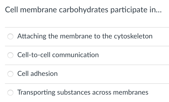 Cell membrane carbohydrates participate in...
Attaching the membrane to the cytoskeleton
Cell-to-cell communication
Cell adhesion
Transporting substances across membranes