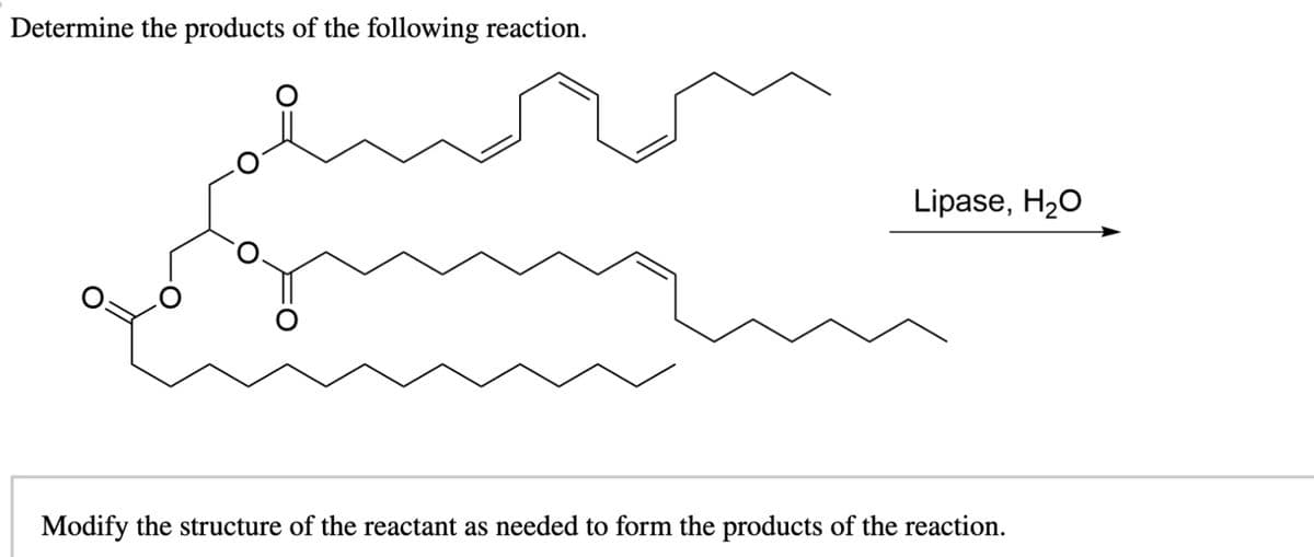Determine the products of the following reaction.
Lipase, H₂O
Modify the structure of the reactant as needed to form the products of the reaction.