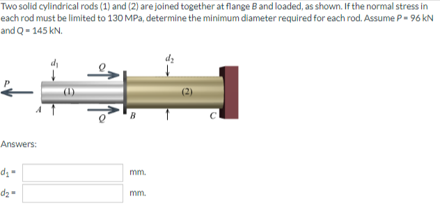 Two solid cylindrical rods (1) and (2) are joined together at flange B and loaded, as shown. If the normal stress in
each rod must be limited to 130 MPa, determine the minimum diameter required for each rod. Assume P = 96 kN
and Q = 145 kN.
di
dz
B
Answers:
dq =
mm.
d2 =
mm.
