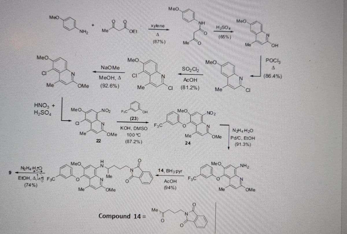 MeO
MeO
MeO.
H.
ros'H
(66%)
xylene
NH2
Me
OEt
(87%)
Me
Me
HO.
MeO
MeO
MeO
POCI,
NaOMe
CI
CI
(86 4%)
Меон, д
(92.6%)
ACOH
Me
OMe
Me
CI
(81.2%)
Me
HNO, +
H,SO,
MeO
NO
FIC
HO
MeO
NO 2
(23)
F;C
КОН DMSO
Cl
NH.H20
Me
OMe
100 °C
Me
OMe
Pd/C. E:OH
(91.3%)
22
(87.2%)
24
MeO
MeO
NH2
N.
14. BH3pyr
Me
F3C
EIOH, A F;C
(74%)
ACOH
94%)
Me
OMe
Me
OMe
Me
Compound 14 =
