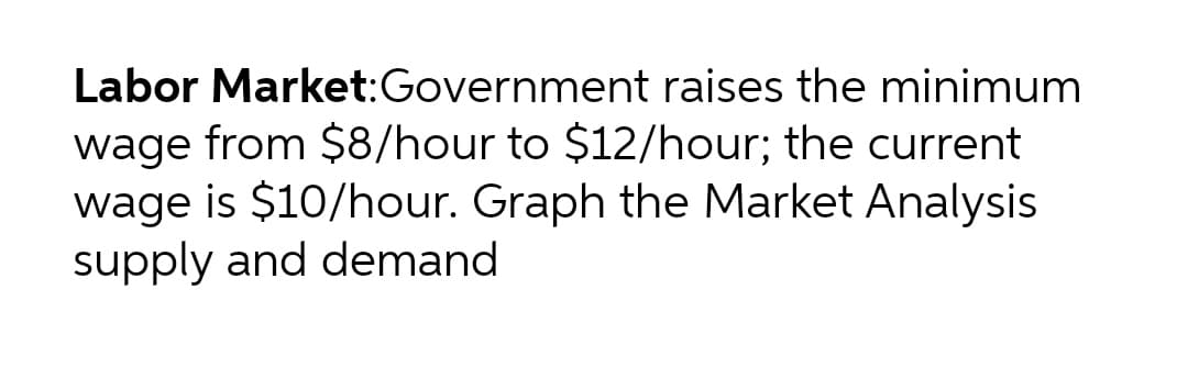 Labor Market:Government raises the minimum
wage from $8/hour to $12/hour; the current
wage is $10/hour. Graph the Market Analysis
supply and demand
