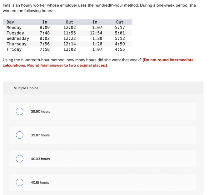 Inna is an hourly worker whose employer uses the hundredth-hour method. During a one-week period, she
worked the following hours:
In
Day
Monday
Tuesday
8:09
7:48
Wednesday 8:03
Thursday 7:56
Friday
7:58
Multiple Choice
39.90 hours
39.87 hours
Using the hundredth-hour method, how many hours did she work that week? (Do not round intermediate
calculations. Round final answer to two decimal places.)
40.03 hours
Out
12:02
11:55
12:22
12:14
12:02
40.18 hours
In
1:07
12:54
1:20
1:26
1:07
Out
5:17
5:01
5:12
4:59
4:55