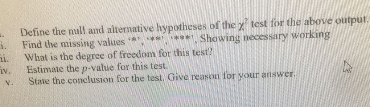 Define the null and alternative hypotheses of the x test for the above output.
i.
Find the missing values *, ****, ****, Showing necessary working
i.
What is the degree of freedom för this test?
iv.
Estimate the p-value for this test.
V.
State the conclusion for the test. Give reason for your answer.
