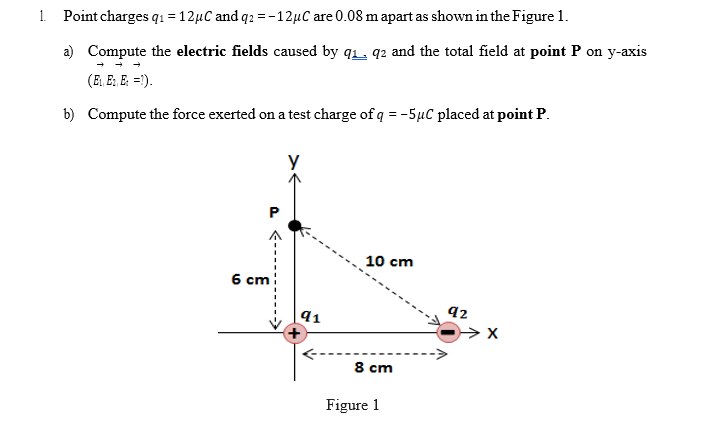 1 Point charges q1 = 12µC and q2 = - 12µC are 0.08 m apart as shown in the Figure 1.
a) Compute the electric fields caused by q1. q2 and the total field at point P on y-axis
(E. E: E: =').
b) Compute the force exerted on a test charge of q = -5µC placed at point P.
y
10 cm
6 cm
92
91
8 cm
Figure 1
