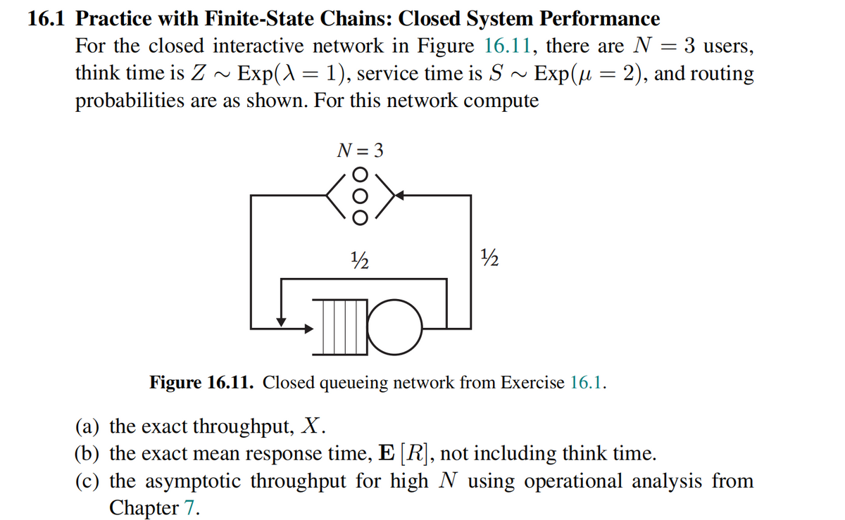16.1 Practice with Finite-State Chains: Closed System Performance
For the closed interactive network in Figure 16.11, there are N
Exp(A = 1), service time is S
probabilities are as shown. For this network compute
3 users,
think time is Z
Exp(u = 2), and routing
N = 3
1/2
1/2
Figure 16.11. Closed queueing network from Exercise 16.1.
(a) the exact throughput, X.
(b) the exact mean response time, E [R], not including think time.
(c) the asymptotic throughput for high N using operational analysis from
Chapter 7.
000
