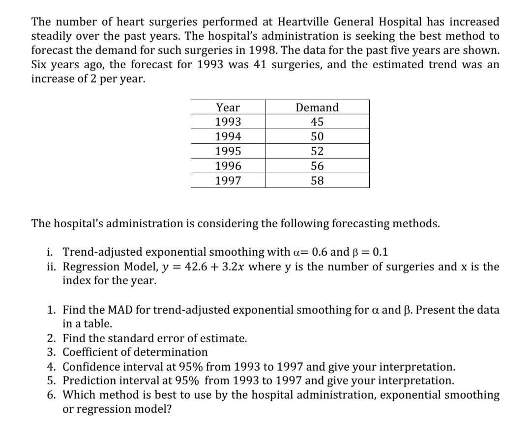 The number of heart surgeries performed at Heartville General Hospital has increased
steadily over the past years. The hospital's administration is seeking the best method to
forecast the demand for such surgeries in 1998. The data for the past five years are shown.
Six years ago, the forecast for 1993 was 41 surgeries, and the estimated trend was an
increase of 2 per year.
Year
Demand
1993
45
1994
50
1995
52
1996
56
1997
58
The hospital's administration is considering the following forecasting methods.
i. Trend-adjusted exponential smoothing with a= 0.6 and ß = 0.1
ii. Regression Model, y = 42.6 + 3.2x where y is the number of surgeries and x is the
index for the year.
1. Find the MAD for trend-adjusted exponential smoothing for a and ß. Present the data
in a table.
2. Find the standard error of estimate.
3. Coefficient of determination
4. Confidence interval at 95% from 1993 to 1997 and give your interpretation.
5. Prediction interval at 95% from 1993 to 1997 and give your interpretation.
6. Which method is best to use by the hospital administration, exponential smoothing
or regression model?

