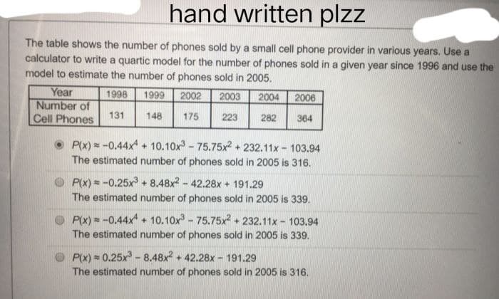 hand written plzz
The table shows the number of phones sold by a small cell phone provider in various years. Use a
calculator to write a quartic model for the number of phones sold in a given year since 1996 and use the
model to estimate the number of phones sold in 2005.
Year
1998
1999 2002 2003 2004
2006
Number of
131
148
175
Cell Phones
223
282
364
P(x) = -0.44x4 + 10.10x³ - 75.75x2 + 232.11x - 103.94
The estimated number of phones sold in 2005 is 316.
P(x) = -0.25x³ + 8.48x2 - 42.28x + 191.29
The estimated number of phones sold in 2005 is 339.
P(x) = -0.44x+10.10x³ - 75.75x² + 232.11x - 103.94
The estimated number of phones sold in 2005 is 339.
P(x) = 0.25x³-8.48x² + 42.28x - 191.29
The estimated number of phones sold in 2005 is 316.