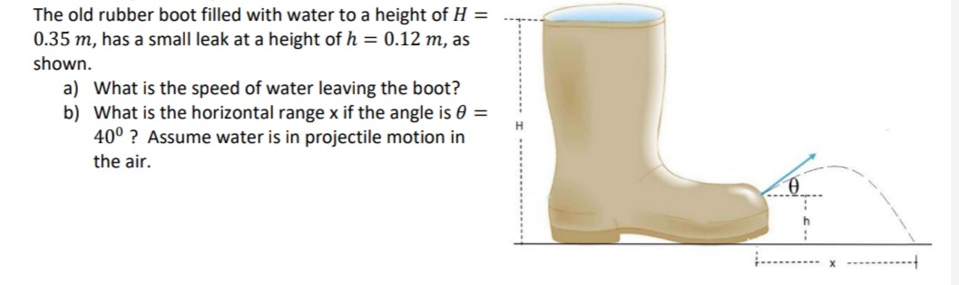 The old rubber boot filled with water to a height of H =
0.35 m, has a small leak at a height of h = 0.12 m, as
shown.
a) What is the speed of water leaving the boot?
b) What is the horizontal range x if the angle is 0 =
40° ? Assume water is in projectile motion in
the air.
i. .
x ------
