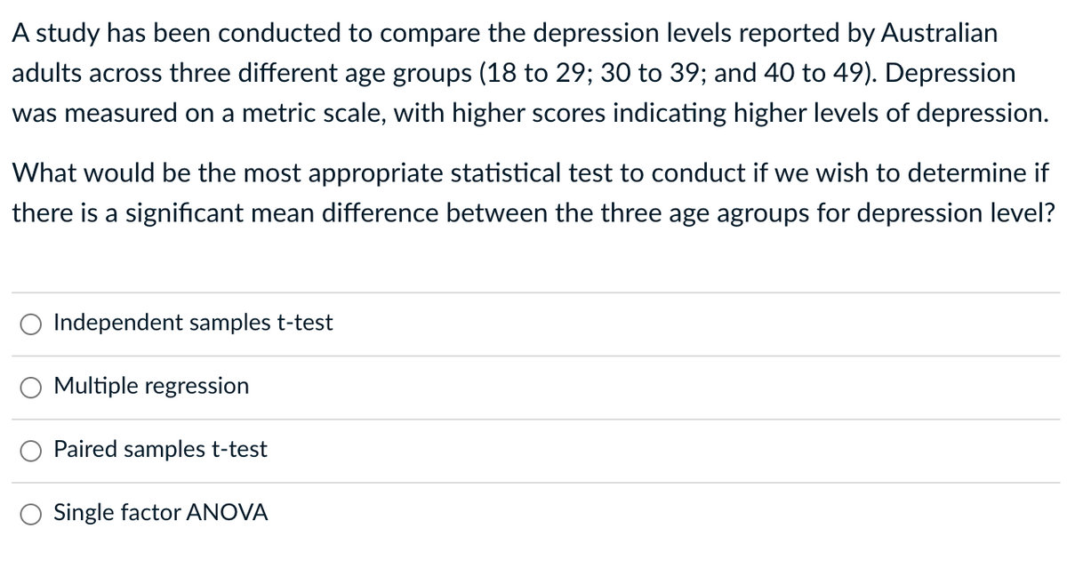 A study has been conducted to compare the depression levels reported by Australian
adults across three different age groups (18 to 29; 30 to 39; and 40 to 49). Depression
was measured on a metric scale, with higher scores indicating higher levels of depression.
What would be the most appropriate statistical test to conduct if we wish to determine if
there is a significant mean difference between the three age agroups for depression level?
O Independent samples t-test
Multiple regression
Paired samples t-test
Single factor ANOVA
