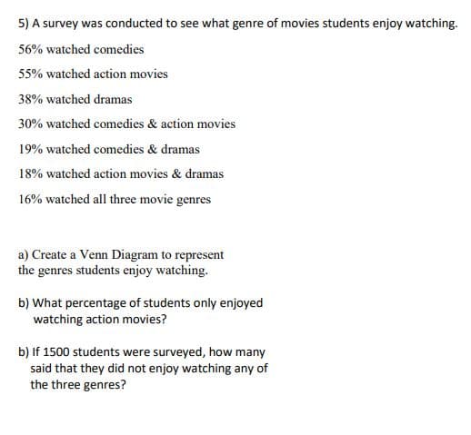 5) A survey was conducted to see what genre of movies students enjoy watching.
56% watched comedies
55% watched action movies
38% watched dramas
30% watched comedies & action movies
19% watched comedies & dramas
18% watched action movies & dramas
16% watched all three movie genres
a) Create a Venn Diagram to represent
the genres students enjoy watching.
b) What percentage of students only enjoyed
watching action movies?
b) If 1500 students were surveyed, how many
said that they did not enjoy watching any of
the three genres?
