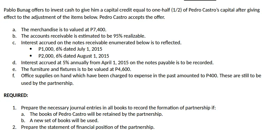 Pablo Bunag offers to invest cash to give him a capital credit equal to one-half (1/2) of Pedro Castro's capital after giving
effect to the adjustment of the items below. Pedro Castro accepts the offer.
a. The merchandise is to valued at P7,400.
b. The accounts receivable is estimated to be 95% realizable.
c. Interest accrued on the notes receivable enumerated below is to reflected.
P1,000, 6% dated July 1, 2015
P2,000, 6% dated August 1, 2015
d. Interest accrued at 5% annually from April 1, 2015 on the notes payable is to be recorded.
e. The furniture and fixtures is to be valued at P4,600.
f. Office supplies on hand which have been charged to expense in the past amounted to P400. These are still to be
used by the partnership.
REQUIRED:
1. Prepare the necessary journal entries in all books to record the formation of partnership if:
a. The books of Pedro Castro will be retained by the partnership.
b. A new set of books will be used.
2. Prepare the statement of financial position of the partnership.
