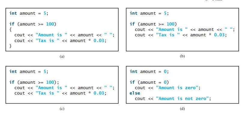 int amount
5:
int amount =
5;
if (amount >= 100)
{
cout << "Amount is " << amount << " ";
cout << "Tax is " << amount * 0.03;
}
if (amount >= 100)
>3D
";
cout <« "Tax is " <« amount * 0.03;
cout <« "Amount is " <« amount <<
(a)
(b)
int amount =
5;
int amount
0;
if (amount >= 100);
cout << "Amount is "
cout << "Tax is " << amount * 0.03;
if (amount = 0)
cout <« "Amount is zero";
else
cout « "Amount is not zero";
<< amount <<
(c)
(d)

