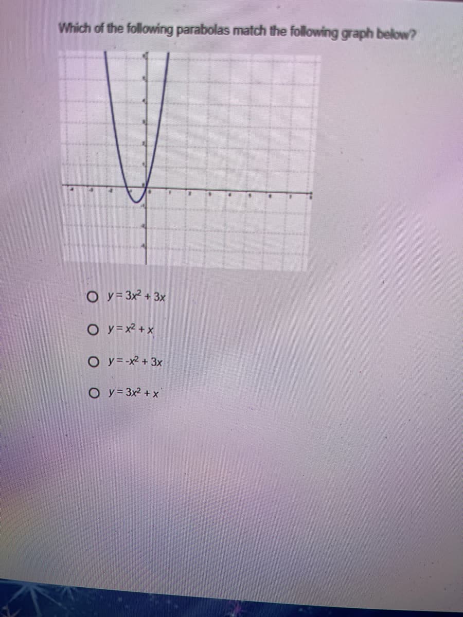 Which of the following parabolas match the following graph below?
O y= 3x + 3x
O y=x +x
O y= -x + 3x
O y= 3x2 + x
