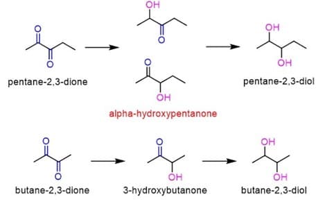 OH
он
он
pentane-2,3-dione
pentane-2,3-diol
OH
alpha-hydroxypentanone
OH
butane-2,3-dione
3-hydroxybutanone
butane-2,3-diol
