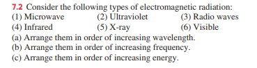 7.2 Consider the following types of electromagnetic radiation:
(1) Microwave
(4) Infrared
(a) Arrange them in order of increasing wavelength.
(b) Arrange them in order of increasing frequency.
(c) Arrange them in order of increasing energy.
(2) Ultraviolet
(5) Х-тау
(3) Radio waves
(6) Visible
