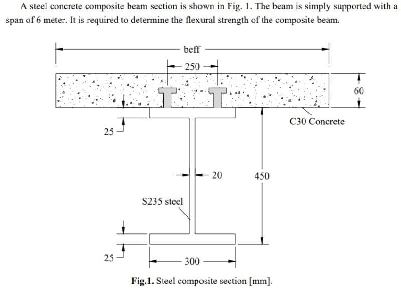 A steel concrete composite beam section is shown in Fig. 1. The beam is simply supported with a
span of 6 meter. It is required to determine the flexural strength of the composite beam.
beff
- 250
60
TALL
C30 Concrete
25
- 20
25
450
S235 steel
300
Fig.1. Steel composite section [mm].
