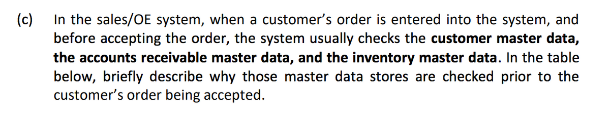 (c)
In the sales/OE system, when a customer's order is entered into the system, and
before accepting the order, the system usually checks the customer master data,
the accounts receivable master data, and the inventory master data. In the table
below, briefly describe why those master data stores are checked prior to the
customer's order being accepted.

