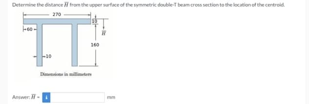 Determine the distance H from the upper surface of the symmetric double-T beam cross section to the location of the centroid.
270
-60 -
160
-10
Dimensions in millimeters
Answer: H -
mm
