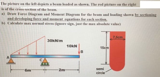 The picture on the left depicts a beam loaded as shown. The red picture on the right
is of the cross-section of the beam.
a) Draw Force Diagram and Moment Diagram for the beam and loading shown by sectioning
and developing force and moment equations for each section.
b) Calculate max normal stress (ignore sign, just the max absolute value)
7,5cm
30KN/m
10kN
15cm
B
A
6m
semi
circle
2m
