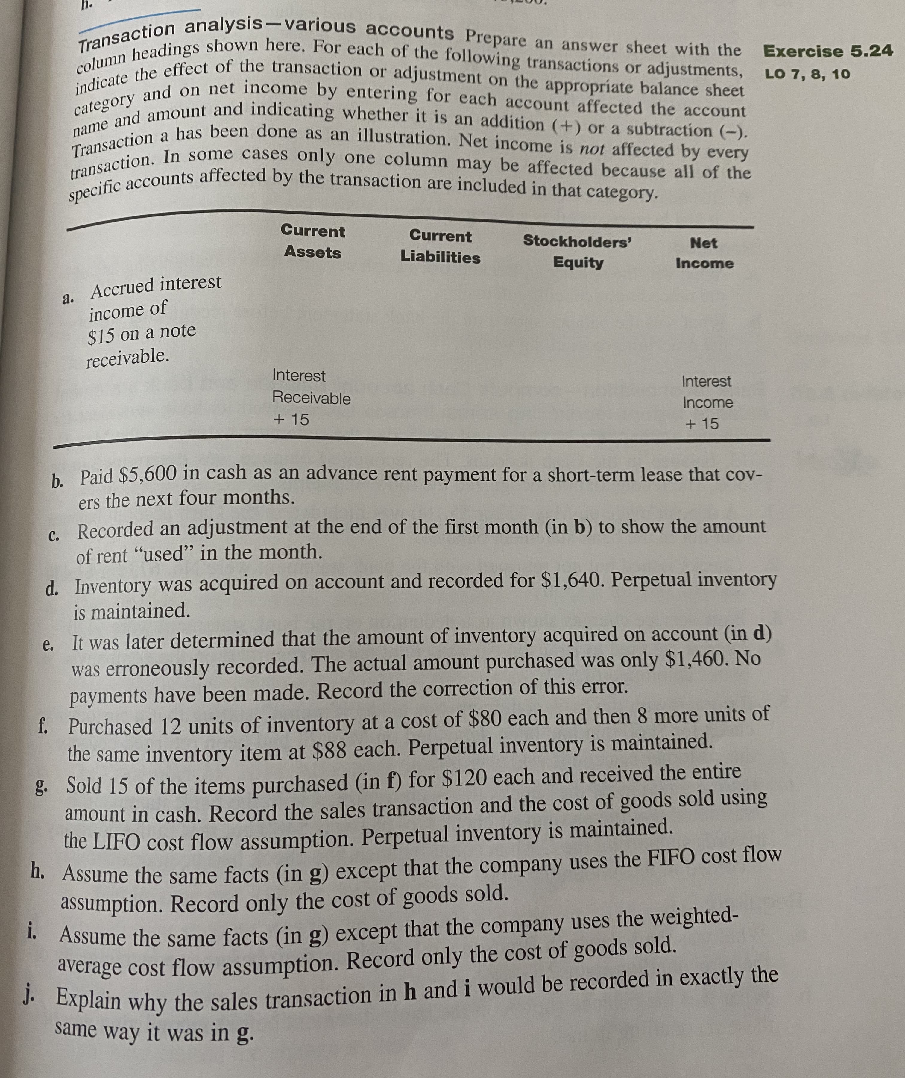 . Assume the same facts (in g) except that the company uses the weig
average cost flow assumption. Record only the cost of goods sold.
j. Explain why the sales transaction in h andi would be recorded in exactly
same way it was in g.
