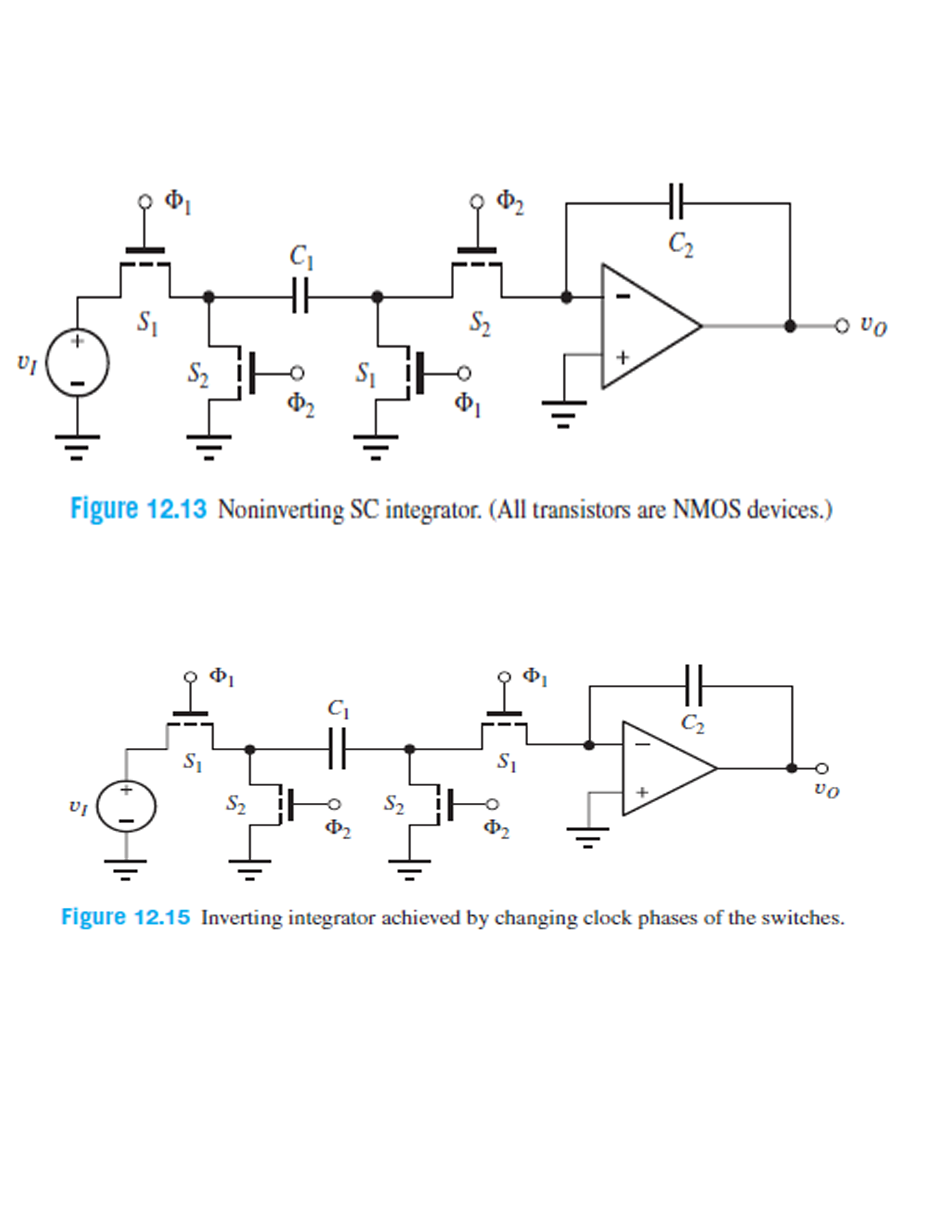 Ф.
C2
S1
S2
S2
S1
Ф1
Figure 12.13 Noninverting SC integrator. (All transistors are NMOS devices.)
Фт
Cq
C2
S1
S1
vo
S2
Ф2
S2
Figure 12.15 Inverting integrator achieved by changing clock phases of the switches.
