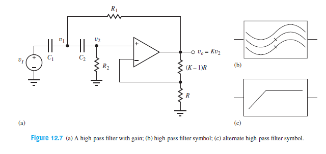 R1
רש
-o v, = Ku2
C2
R2
(K – 1)R
(b)
Figure 12.7 (a) A high-pass filter with gain; (b) high-pass filter symbol; (c) alternate high-pass filter symbol.

