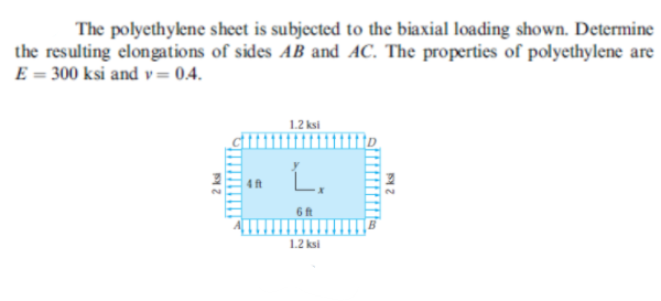 The polyethylene sheet is subjected to the biaxial loading shown. Determine
the resulting elongations of sides AB and AC. The properties of polyethylene are
E = 300 ksi and v = 0.4.
1.2 ksi
4ft
6 ft
1.2 ksi
