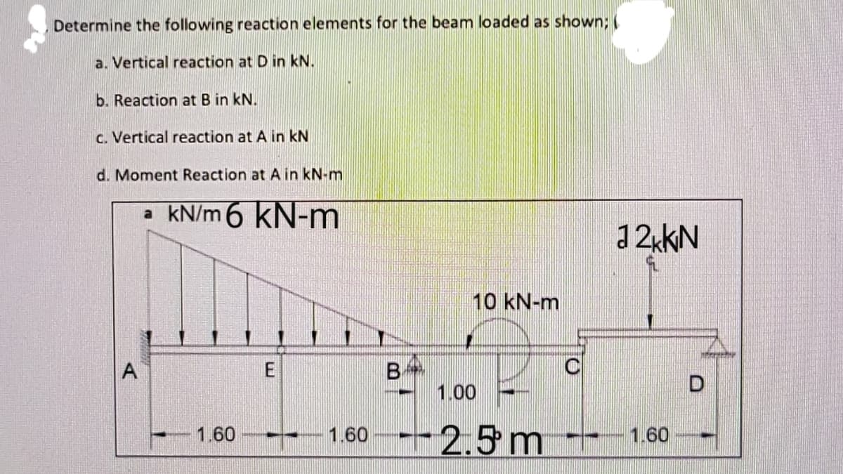 Determine the following reaction elements for the beam loaded as shown;
a. Vertical reaction at D in kN.
b. Reaction at B in kN.
C. Vertical reaction at A in kN
d. Moment Reaction at A in kN-m
a kN/m 6 kN-m
1 2«KN
10 kN-m
B
1.00
A
E
-2.5m-
1.60
1.60
1.60

