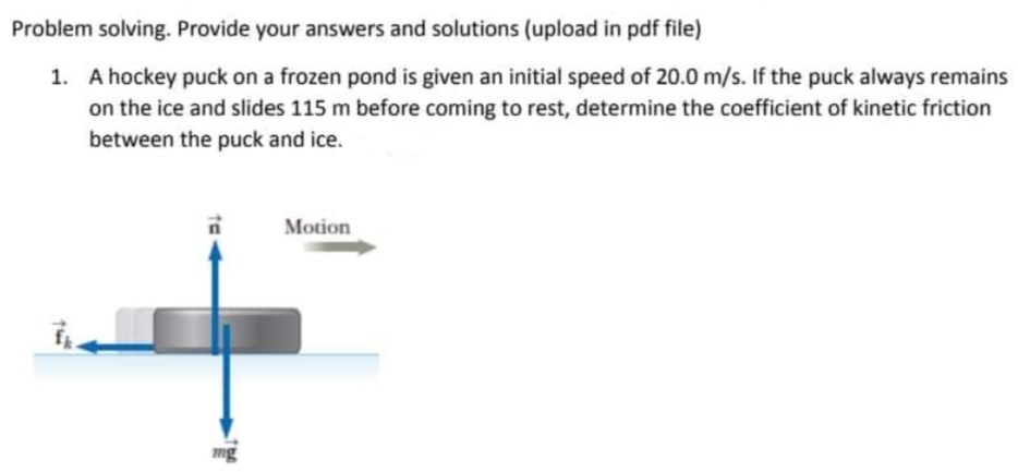 Problem solving. Provide your answers and solutions (upload in pdf file)
1. A hockey puck on a frozen pond is given an initial speed of 20.0 m/s. If the puck always remains
on the ice and slides 115 m before coming to rest, determine the coefficient of kinetic friction
between the puck and ice.
Motion
mg
