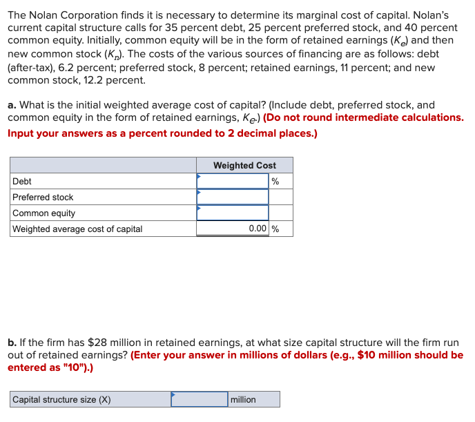 The Nolan Corporation finds it is necessary to determine its marginal cost of capital. Nolan's
current capital structure calls for 35 percent debt, 25 percent preferred stock, and 40 percent
common equity. Initially, common equity will be in the form of retained earnings (K) and then
new common stock (K). The costs of the various sources of financing are as follows: debt
(after-tax), 6.2 percent; preferred stock, 8 percent; retained earnings, 11 percent; and new
common stock, 12.2 percent.
a. What is the initial weighted average cost of capital? (Include debt, preferred stock, and
common equity in the form of retained earnings, Ke) (Do not round intermediate calculations.
Input your answers as a percent rounded to 2 decimal places.)
Weighted Cost
%
Debt
Preferred stock
Common equity
Weighted average cost of capital
0.00 %
b. If the firm has $28 million in retained earnings, at what size capital structure will the firm run
out of retained earnings? (Enter your answer in millions of dollars (e.g., $10 million should be
entered as "10").)
Capital structure size (X)
million
