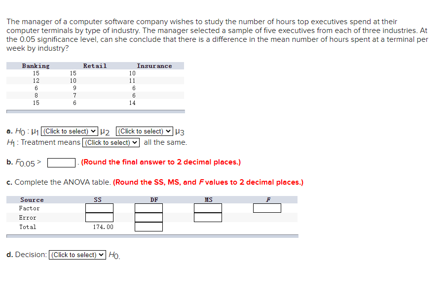 The manager of a computer software company wishes to study the number of hours top executives spend at their
computer terminals by type of industry. The manager selected a sample of five executives from each of three industries. At
the 0.05 significance level, can she conclude that there is a difference in the mean number of hours spent at a terminal per
week by industry?
Banking
Retail
Insur ance
15
15
10
12
11
9
6.
8.
7
6
15
6
14
Þ2 (Click to select) v H3
a. Ho : H1 (Click to select)
H: Treatment means (Click to select) v all the same.
b. Fo.05 >
(Round the final answer to 2 decimal places.)
c. Complete the ANOVA table. (Round the SS, MS, and Fvalues to 2 decimal places.)
Source
DF
MS
Factor
Error
Total
174.00
d. Decision: (Click to select)
Но.
LO O
