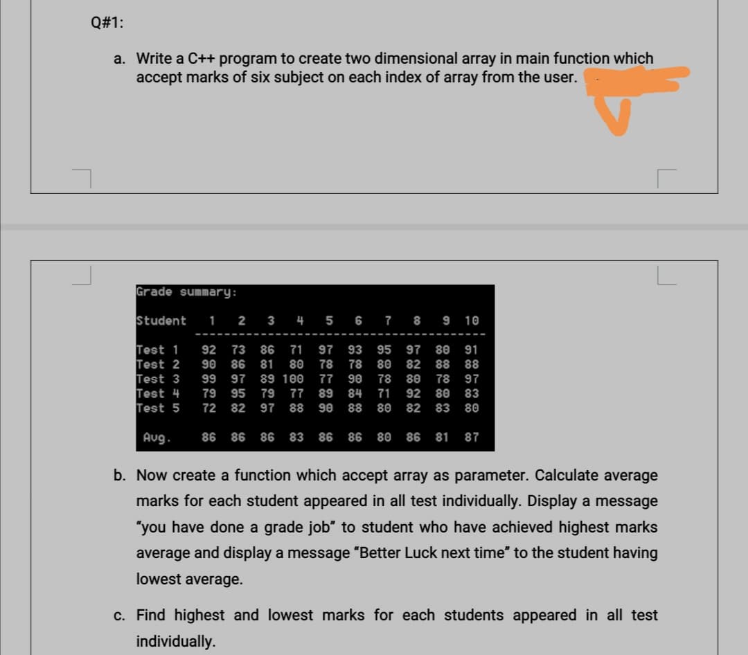 Q#1:
a. Write a C++ program to create two dimensional array in main function which
accept marks of six subject on each index of array from the user.
Grade summary:
Student
1 2
3 4 5 6 7 8 9 10
Test 1
Test 2
Test 3
Test 4
Test 5
97
78
92
73
86
71
93
95
97
80
91
90
86
81
80
78
80
82
88
88
99 97
89 100
77
90
78
80
78
97
79
95
79
77
89
84
71
92
80
83
72
82
97
88
90
88
80
82
83
80
Aug.
86
86
86
83
86
86
80
86
81
87
b. Now create a function which accept array as parameter. Calculate average
marks for each student appeared in all test individually. Display a message
"you have done a grade job" to student who have achieved highest marks
average and display a message “Better Luck next time" to the student having
lowest average.
c. Find highest and lowest marks for each students appeared in all test
individually.
