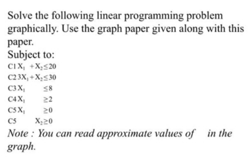 Solve the following linear programming problem
graphically. Use the graph paper given along with this
paper.
Subject to:
CIX₁ + X₂≤20
C23X₁+X₂≤30
C3 X₁
C4X₁
C5X₁
C5
≤8
22
20
X₂20
Note: You can read approximate values of in the
graph.