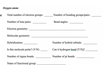 Oxygen atom:
Total number of electron groups:
Number of bonding groups/pairs:
Number of lone pairs:
Bond angles:
Electron geometry:
Molecular geometry:
Hybridization:
Number of hybrid orbitals:
Is this molecule polar? (Y/N)
Can it hydrogen bond (Y/N)?
Number of sigma bonds:
Number of pi bonds:
Name of functional group:
