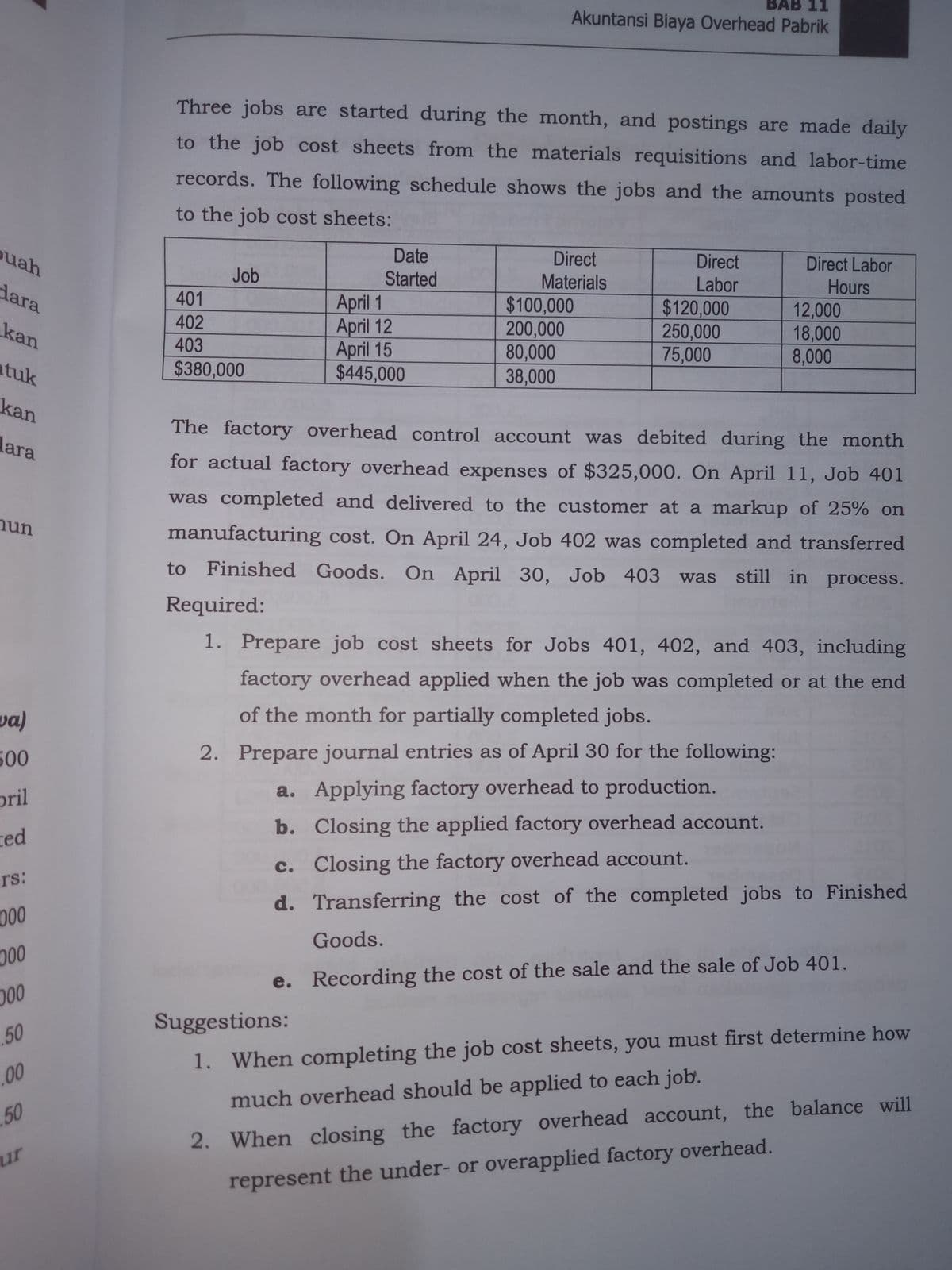 BAB 11
Akuntansi Biaya Overhead Pabrik
Three jobs are started during the month, and postings are made daily
to the job cost sheets from the materials requisitions and labor-time
records. The following schedule shows the jobs and the amounts posted
to the job cost sheets:
ouah
Date
Direct
Materials
Direct
Direct Labor
Job
Started
April 1
April 12
April 15
$445,000
dara
Labor
Hours
401
$100,000
200,000
80,000
38,000
$120,000
250,000
75,000
12,000
18,000
8,000
402
kan
403
atuk
$380,000
kan
The factory overhead control account was debited during the month
dara
for actual factory overhead expenses of $325,000. On April 11, Job 401
was completed and delivered to the customer at a markup of 25% on
hun
manufacturing cost. On April 24, Job 402 was completed and transferred
to Finished Goods. On April 30, Job 403 was still in process.
Required:
1. Prepare job cost sheets for Jobs 401, 402, and 403, including
factory overhead applied when the job was completed or at the end
va)
of the month for partially completed jobs.
500
2. Prepare journal entries as of April 30 for the following:
pril
a. Applying factory overhead to production.
b. Closing the applied factory overhead account.
ted
c. Closing the factory overhead account.
rs:
d. Transferring the cost of the completed jobs to Finished
Goods.
00
e. Recording the cost of the sale and the sale of Job 401.
Suggestions:
50
1. When completing the job cost sheets, you must first determine how
00
much overhead should be applied to each job.
50
2. When closing the factory overhead account, the balance will
ur
represent the under- or overapplied factory overhead.
