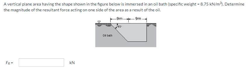 A vertical plane area having the shape shown in the figure below is immersed in an oil bath (specific weight = 8.75 kN/m³). Determine
the magnitude of the resultant force acting on one side of the area as a result of the oil.
9m
9m
45°
FR =
kN
Oil bath