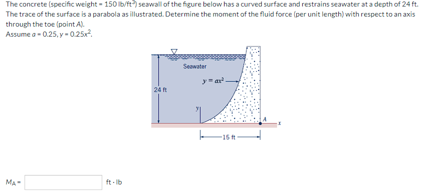 The concrete (specific weight = 150 lb/ft3) seawall of the figure below has a curved surface and restrains seawater at a depth of 24 ft.
The trace of the surface is a parabola as illustrated. Determine the moment of the fluid force (per unit length) with respect to an axis
through the toe (point A).
Assume a = 0.25, y = 0.25x².
MA=
ft-lb
24 ft
Seawater
y = ax²
-15 ft