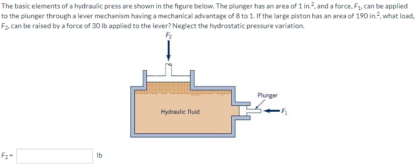 The basic elements of a hydraulic press are shown in the figure below. The plunger has an area of 1 in.², and a force, F₁, can be applied
to the plunger through a lever mechanism having a mechanical advantage of 8 to 1. If the large piston has an area of 190 in.², what load,
F2, can be raised by a force of 30 lb applied to the lever? Neglect the hydrostatic pressure variation.
F₂
F₂=
lb
Hydraulic fluid
Plunger
F₁