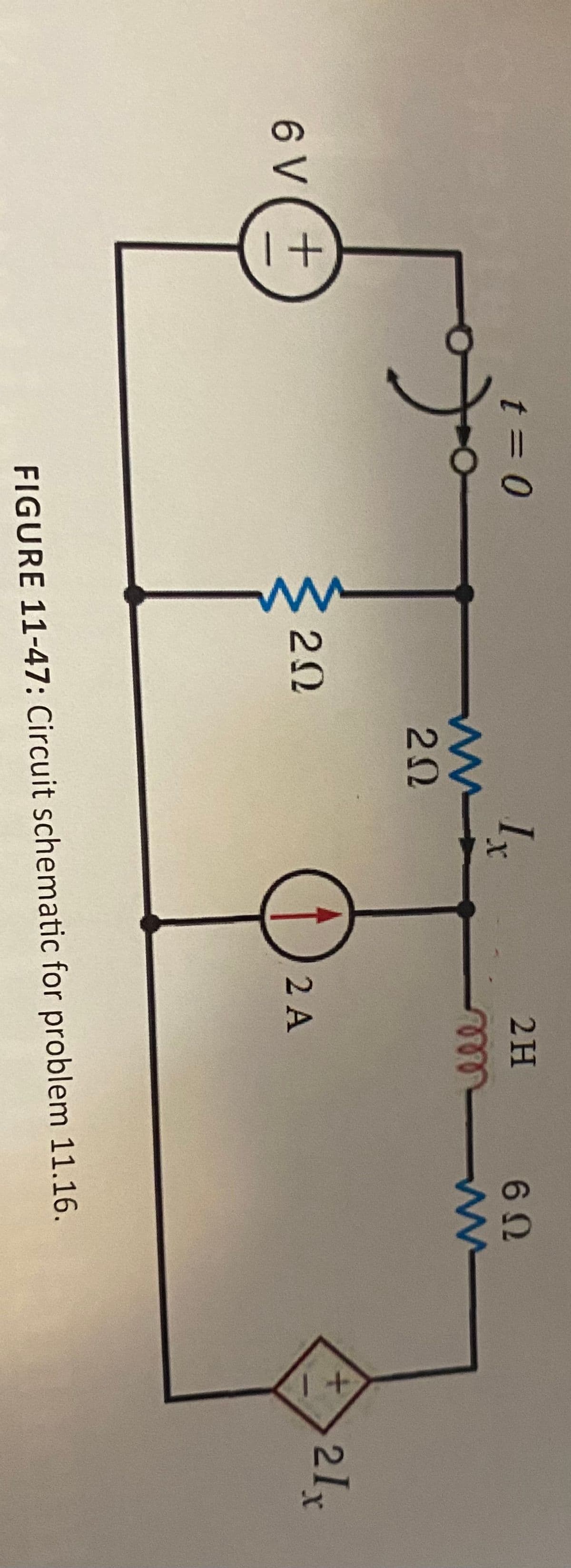 t = 0
2H
62
ll
20
6 V
3 20
21x
2 A
FIGURE 11-47: Circuit schematic for problem 11.16.
