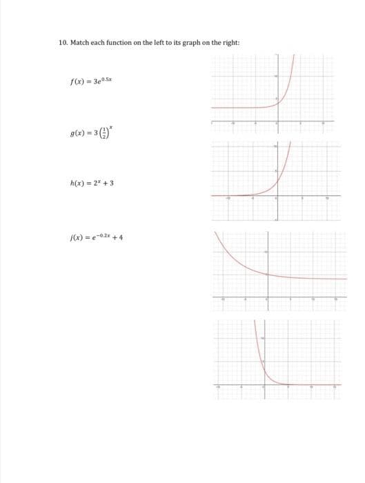 10. Match each function on the left to its graph on the right:
r) = 3e0sz
g(x) =
h(x) = 2* + 3
jx) = e-02x +4
