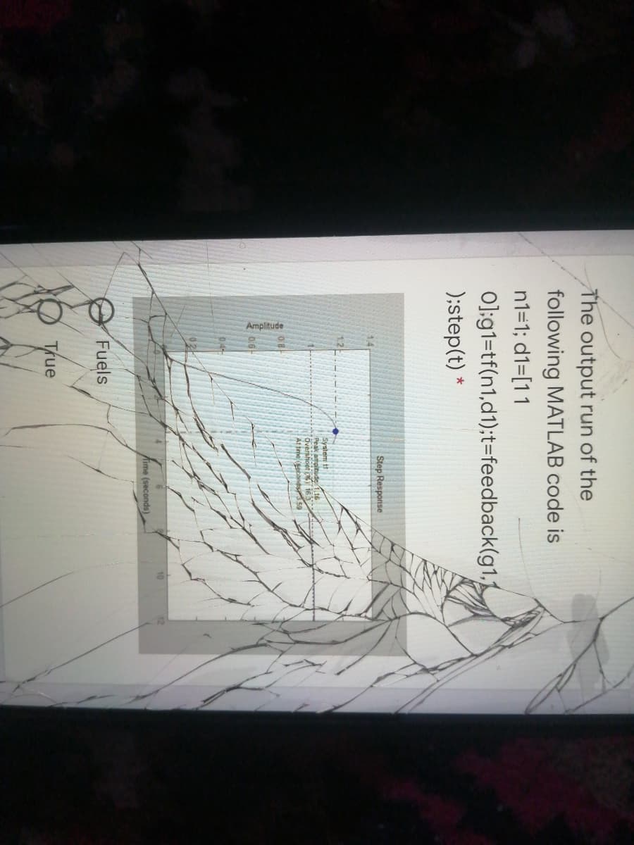 Amplitude
The output run of the
following MATLAB code is
n1=1; d1=[11
O];g1=tf(n1,d1);t=feedback(g1.1
);step(t) *
Step Response
1.2
System t
Peak ampitude116
Overshoet 165
At trme ecand 59
ime (seconds)
Fuels
True
