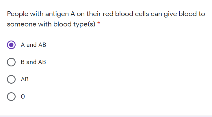 People with antigen A on their red blood cells can give blood to
someone with blood type(s) *
A and AB
B and AB
АВ
