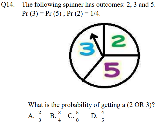 Q14. The following spinner has outcomes: 2, 3 and 5.
Pr (3) = Pr (5) ; Pr (2) = 1/4.
3.
What is the probability of getting a (2 OR 3)?
A. 를 B. C. D.
2
В. С.5
4
5
2/5
