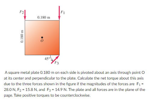 F1
0.180 m
A square metal plate 0.180 m on each side is pivoted about an axis through point o
at its center and perpendicular to the plate. Calculate the net torque about this axis
due to the three forces shown in the figure if the magnitudes of the forces are F1 =
28.0 N, F2 = 15.8 N, and F3 = 14.9 N. The plate and all forces are in the plane of the
page. Take positive torques to be counterclockwise.
0.180 m
