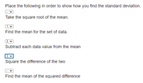 Place the following in order to show how you find the standard deviation.
Take the square root of the mean.
Find the mean for the set of data.
Subtract each data value from the mean
Square the difference of the two
Find the mean of the squared difference

